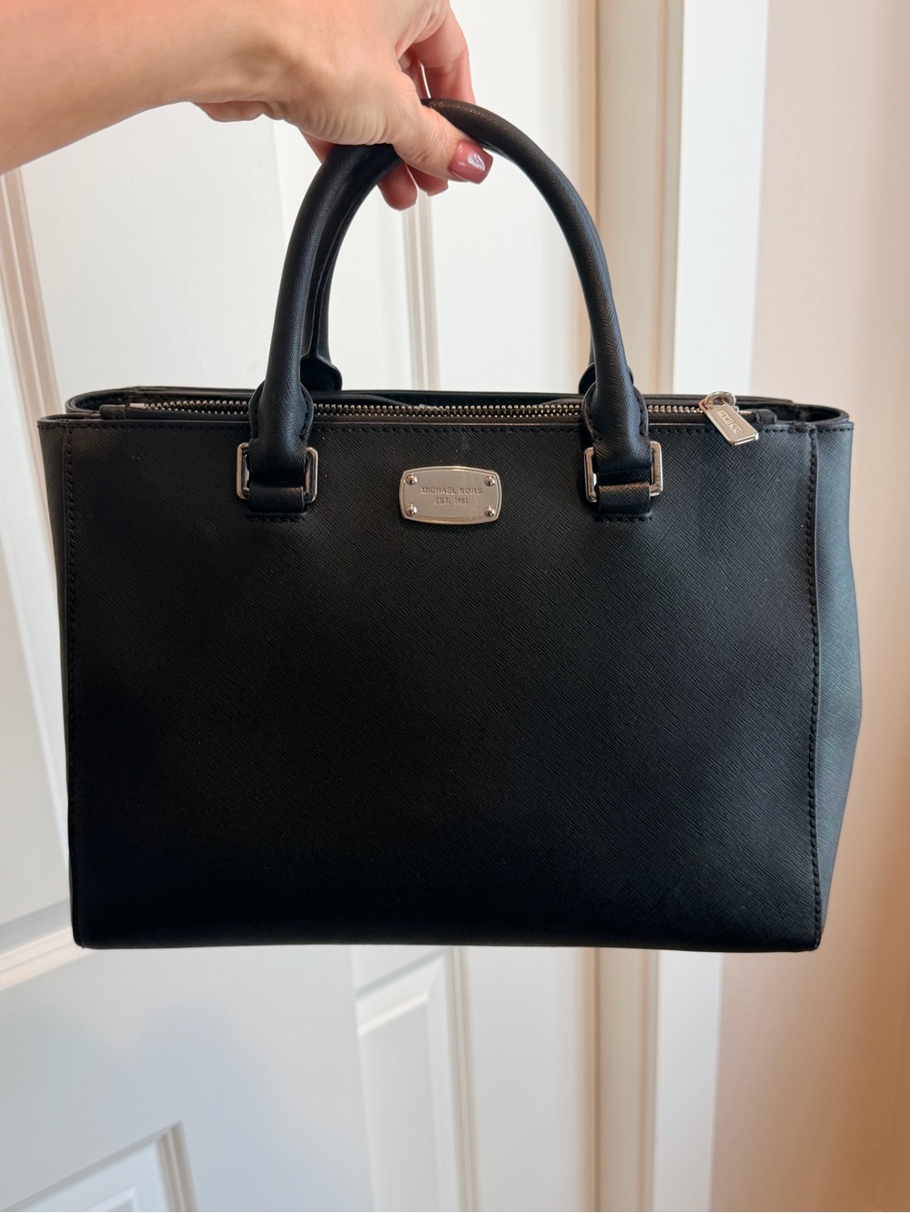 Michael Kors Black Saffiano Leather Top-Handle Satchel with Silver Hardware
